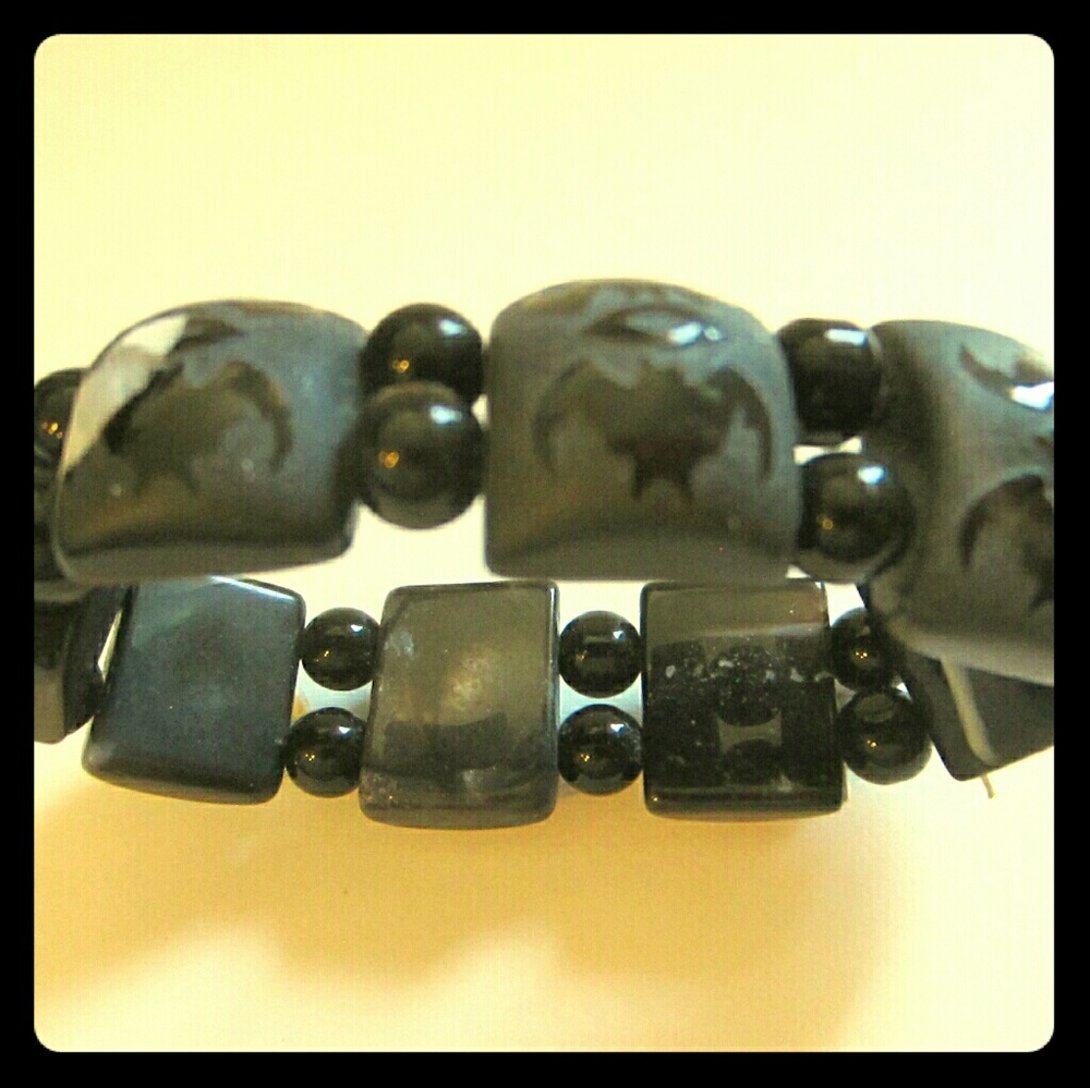 Black Onyx Folk Art Flexible Beads Bat Bracelet